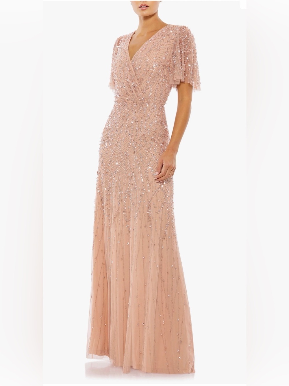 Mac Duggal Embellished Flutter Sleeve Blush Pink Beaded Maxi Gown